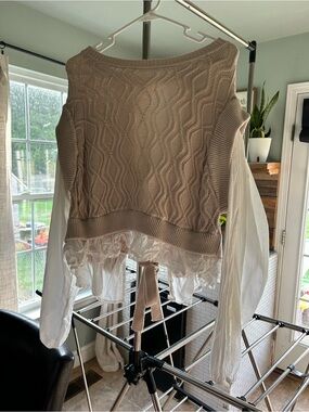 Beige Off-the-Shoulder Knit Sweater with White Sheer Sleeves